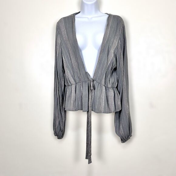 Final Touch Womens Peplum Tie Top L Striped Lagenlook Indie Alt Boho Coastal - Picture 1 of 8